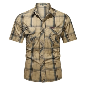 Men's khaki plaid short sleeve cotton work shirt with double chest pockets and snap buttons
