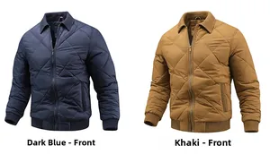 Détail de la vue avant des vestes bombers matelassées en bleu marine et jaune camel