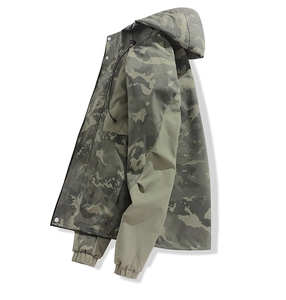 Detail view of elastic ribbed cuffs and camouflage pattern on a hooded windbreaker