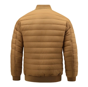 Rear view of khaki quilted men's bomber jacket with ribbed cuffs and classic stitching