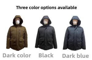 Three men's hooded jackets in olive, black, and navy blue showing chest zipper pockets