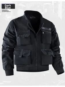 Detail view of deep blue flight jacket featuring four front flap pockets and ribbed cuffs