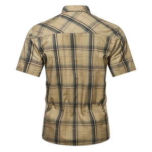 Back view of a khaki plaid short sleeve cotton shirt in a classic casual cargo style