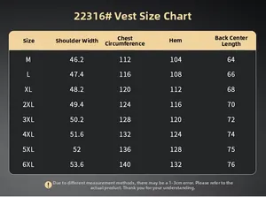 Tableau des tailles détaillé pour gilet de travail extérieur, tailles du M au 6XL