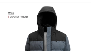Detail of men's thick winter jacket showing the black and grey quilted windproof fabric
