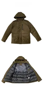 Detail view showing quilted warm lining and interior pocket of men's hooded jacket