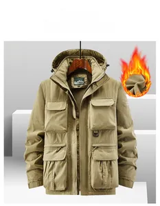 Detail of khaki outdoor jacket showing fleece lining and multiple utility pockets