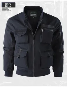 Detail of dark blue tactical flight jacket featuring functional multi-pocket design