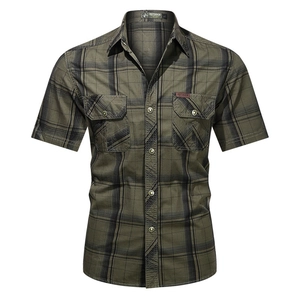 Men's olive green plaid short sleeve cotton shirt with dual cargo chest pockets