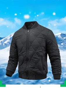 Macro detail of men's black quilted jacket with ribbed collar and metal zipper closure