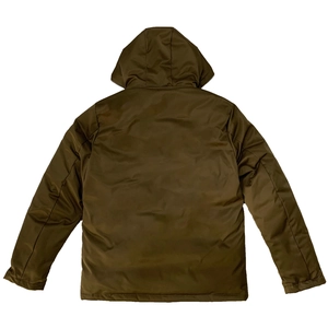 Rear view of long warm padded jacket for men with a detachable hood in dark olive