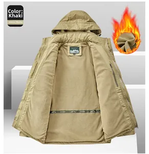Detailed view of the khaki jacket with warm polar fleece lining and outdoor logo
