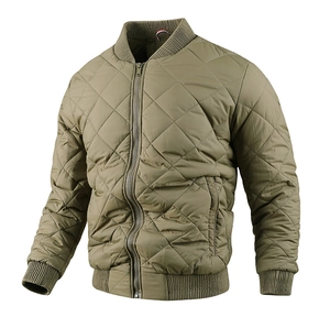 Detail view of olive green quilted bomber jacket with classic ribbed stand collar and zipper