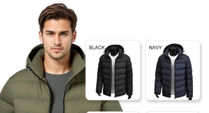 Dettaglio del piumino da uomo con cappuccio in verde militare, nero e blu navy