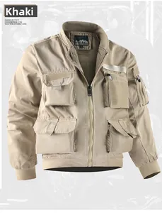 Detail of khaki tactical flight jacket with multiple utility pockets and ribbed cuffs