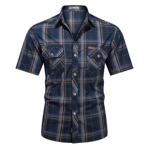 Men's cotton plaid short sleeve shirt with double chest pockets in blue and yellow