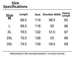 Detailed size chart for men's winter jacket showing measurements from M to 3XL sizes