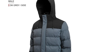 Detailed side view of men's thick padded jacket with windproof hood in dark grey