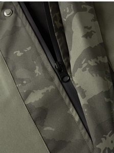 Detail of waterproof glued zipper and camo fabric on hooded outdoor jacket