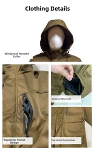 Detail of hooded stand collar, windproof ribbed cuffs and waterproof zipper on jacket