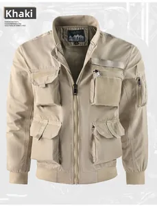 Detail view of khaki military flight jacket showing multi-pocket design and ribbed cuffs