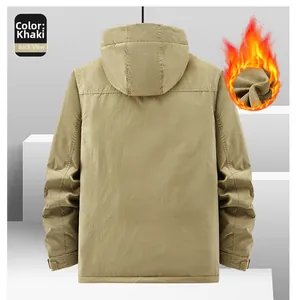 Detail of khaki outdoor jacket back view featuring a warm fleece lining and hood