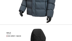 Detail view of male dark grey padded hooded jacket with quilted design and windproof zipper