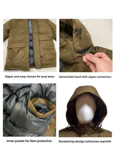 Detail of men's thermal hooded jacket showing inner pocket and detachable hood