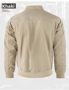 Detail view of the khaki flight jacket showing ribbed stand collar and back stitching