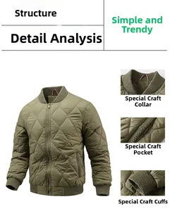 Detailed views of army green quilted bomber jacket featuring ribbed collar and zipper