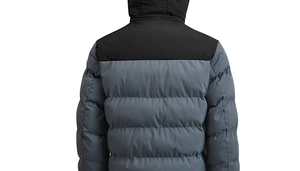 Close-up of winter quilted jacket showing black and blue color-block design and padding