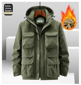 Army green winter parka detail showing multiple pockets and warm fleece lining