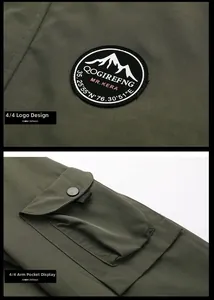 Detail of military green jacket featuring a mountain patch and arm pocket with snap button
