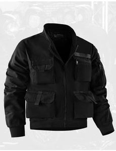 Close-up of black tactical flight jacket featuring multiple 3D cargo pockets and nylon fabric