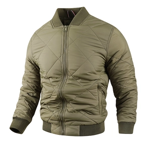 Detailed view of army green quilted bomber jacket with ribbed collar and zipper