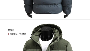 Detail view of winter padded jacket showing the windproof hood and drawstring adjustment