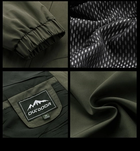 Detailed four-grid view showing elastic cuffs, mesh lining, and logo on military green jacket