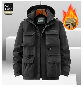 Detail of warm black hooded winter jacket with fleece lining and multiple utility pockets