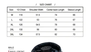 Detailed size chart for men hooded jacket showing measurements from M to 3XL for ideal fit
