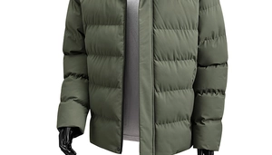 Detail of olive green hooded winter jacket with horizontal quilting and windproof fabric