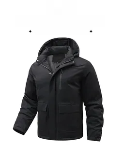 Detail of waterproof black men's hooded jacket with chest zipper and flap pockets