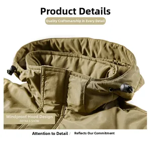 Detail view of khaki windproof hooded parka featuring adjustable black drawstrings