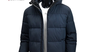 Front detail of navy hooded jacket with quilted thick insulation and zip closure
