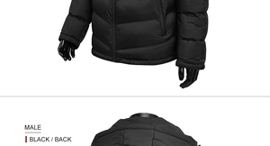 Vista dettagliata della giacca trapuntata nera da uomo con cappuccio e tasche con zip