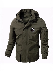 Men's army green hooded windbreaker jacket with outdoor chest patch and utility sleeve pocket