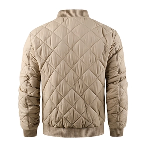 Detailed back view of khaki men's quilted jacket with classic diamond pattern and ribbed trim