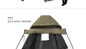 Detail of winter men's olive parka jacket featuring a warm off-white interior lining