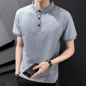 Slim fit light grey men's short sleeve polo shirt with classic collar and black buttons
