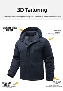 Detailed view of dark blue outdoor hooded jacket with high quality zipper and pockets