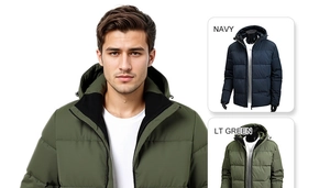 Close-up of insulated hood and quilted texture of this men's winter outdoor jacket